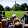 President Donald Trump speaking to a gaggle of reporters outside the White House