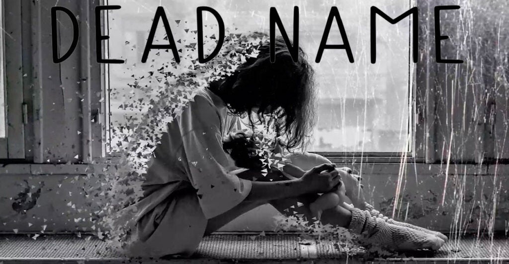 A promotional image for the documentary film "Dead Name" showing what appears to be a psychologically troubled youth