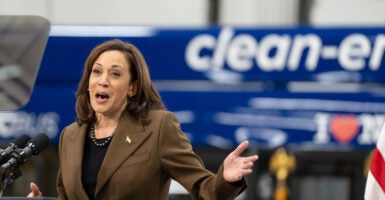 Vice President Kamala Harris in a brown pantsuit speaking at a clean energy event