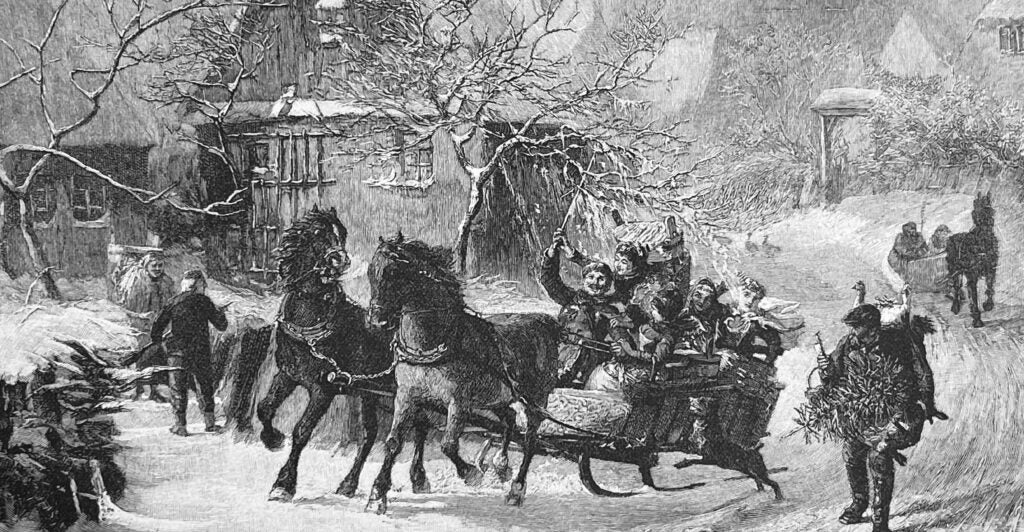 A 19th-century illustration of going to a Christmas market via horse and carriage in the snow