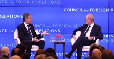 Secretary of State Antony Blinken speaks with Michael Froman, president of the Council on Foreign Relations, at a CFR event