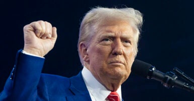 Donald Trump raises his fist in a blue suit