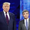 Donald Trump wears a navy blue suit as he poses next to George Stephanopoulos, wearing a grey suit.