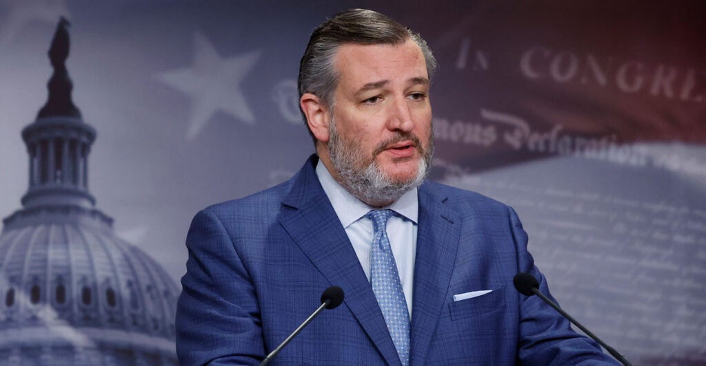 Sen. Ted Cruz speaks at a podium.