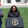 Ketanji Brown Jackson speaks between President Joe Biden and Vice President Kamala Harris