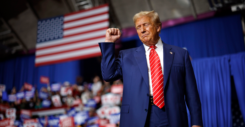 JOHNSTOWN, PENNSYLVANIA - AUGUST 30: Republican presidential nominee, former U.S. President Donald Trump takes the stage during a campaign rally in the 1st Summit Arena at the Cambria County War Memorial on August 30, 2024 in Johnstown, Pennsylvania. Promising to cut energy bills in half, conducting the largest deportation operation in history and putting a 200% tariff on foreign made automobiles, Trump called his election opponents "Comrade Kamala," and "Tampon Tim" while rallying in the all-important battleground state of Pennsylvania. (Photo by Chip Somodevilla/Getty Images)