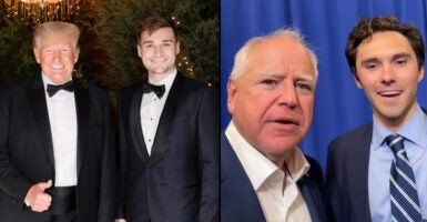 Side by side of Trump and Walz with social media influencers