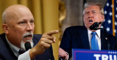 Chip roy points and Donald Trump shrugs, both in suits