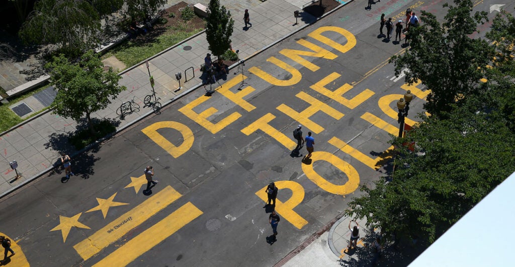 “Defund the Police” is painted on 16th Street near the White House in Washington, D.C.