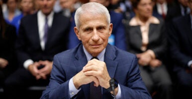 Dr. Anthony Fauci sits behind a desk, hands clasped, wearing a frown.