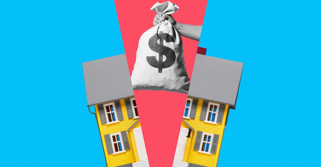 Illustration of a man's hand holding money bag with U.S. dollar sign between split halves of yellow miniature house on illustrated green hill with blue and red background.