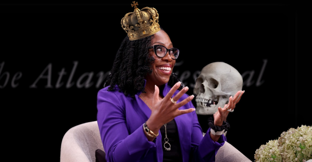 Supreme Court Justice Ketanji Brown Jackson wears a purple blazer and smiles with her hands up. She is superimposed wearing a crown and holding a skull.