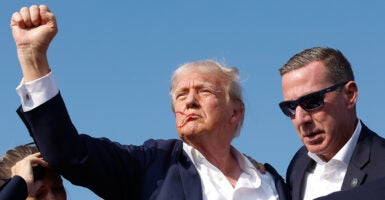 Donald Trump, in a suit, pumps his fist in the air as blood drips down his face after the assassination attempt in Butler, PA.