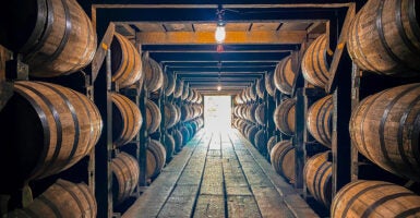 Wooden bourbon barrels are stacked in a dark rickhouse.