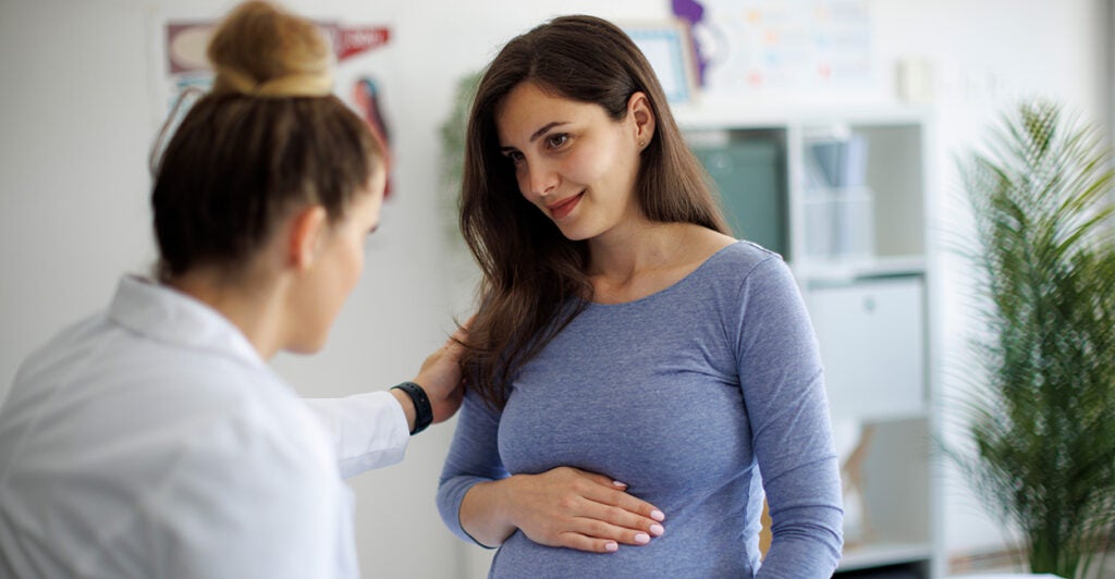 A pregnant woman confers with a medical professional.