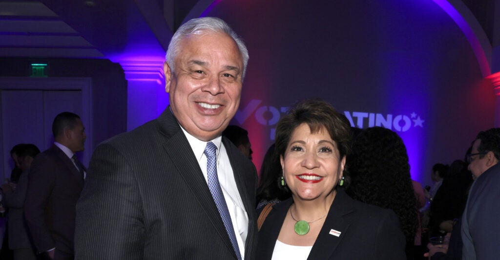 Mauro Morales, the outgoing staff director of the U.S. Civil Rights Commission, is seen here with his wife, Janet Murguia, who heads UnidosUS, at Voto Latino's "Our Voices" event on April 28, 2023, in Washington, D.C.