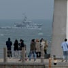 A Chinese navy tugboat sails in the Taiwan Strait.