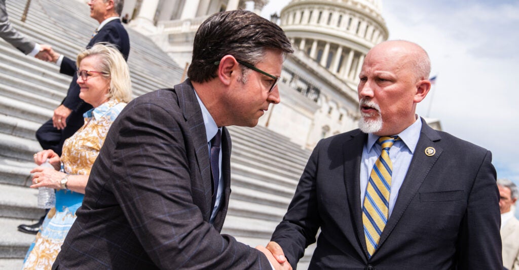 Mike Johnson, R-La., and Rep. Chip Roy, R-Texas, conclude a news conference on the Capitol Steps.