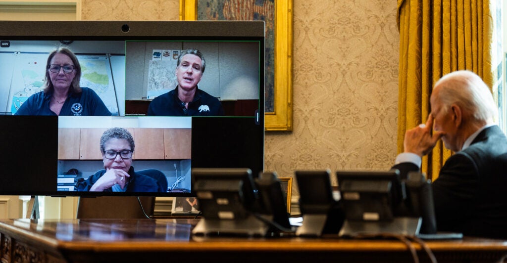 President Joe Biden holds a teleconference on the federal response to the spread of wildfires in the Los Angeles area with three stakeholders.