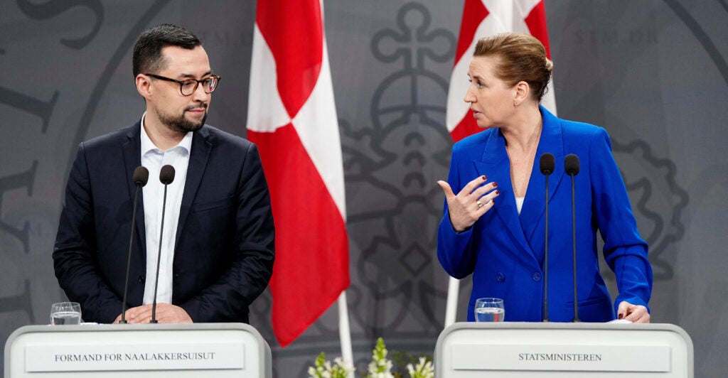 Danish Prime Minister Mette Frederiksen (right) and Greenland Prime Minister Mute Bourup Egede hold a joint press conference at her office in Copenhagen, Denmark.