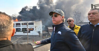 Gavin Newsom in a ball cap stands in front of a fire