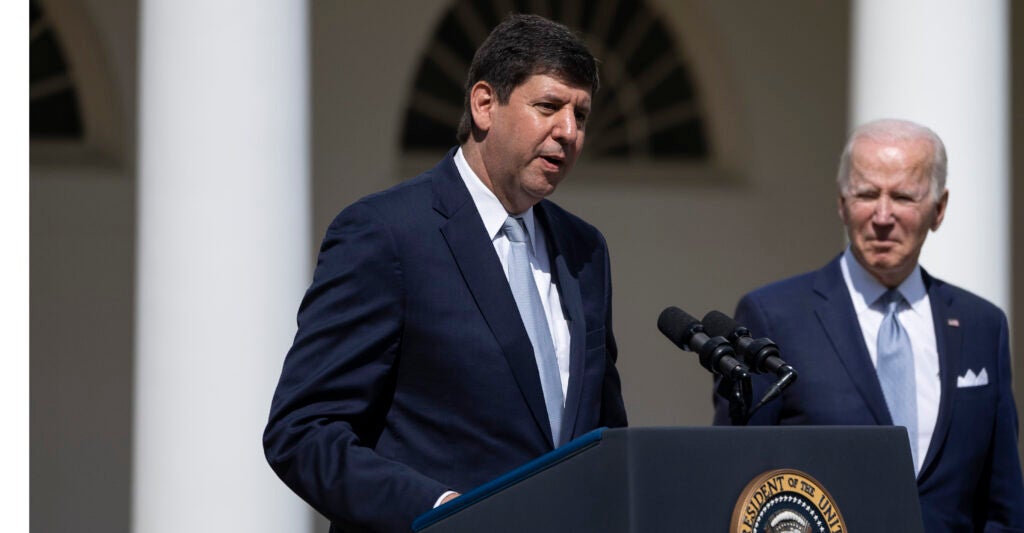 President Joe Biden and his then-nominee to lead the ATF, Steven Dettelbach, in the White House Rose Garden