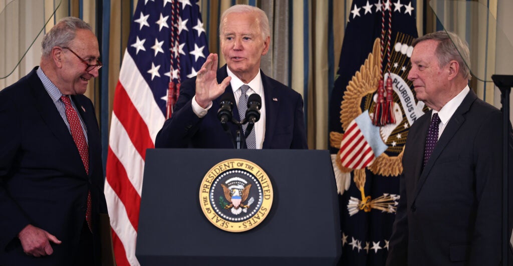 President Joe Biden is joined at the White House by Democratic Sens. Dick Durbin of Illinois and Chuck Schumer of New York.