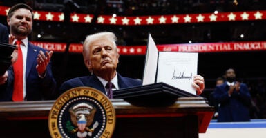 Donald Trump wears a navy suit with a red and blue necktie as he sits, holding up an executive order. JD Vance stands beside him clapping, wearing a blue suit and red necktie.