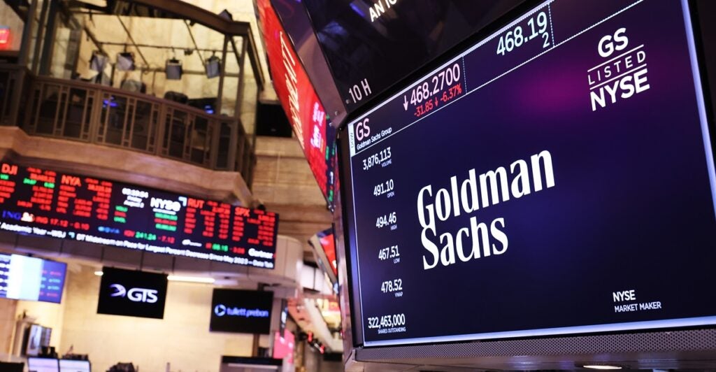 An electronic Goldman Sachs sign hangs in the New York Stock Exchange.