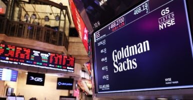 An electronic Goldman Sachs sign hangs in the New York Stock Exchange.