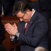 With a fellow Louisiana Republican, Rep. Steve Scalise, looking on, Rep. Mike Johnson reacts after being nominated for another term as speaker of the House.