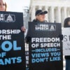 Free speech demonstrators protest Big Tech censorship in front of the U.S. Supreme Court with signs that include “censorship is the tool of tyrants.”