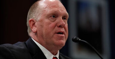 Tom Homan speaks into a microphone while seated and wearing a dark suit and red tie.