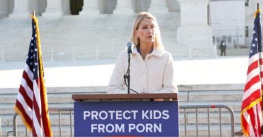 Rep. Mary Miller, R-Ill., advocates for age-verification laws for online pornography outside the Supreme Court.