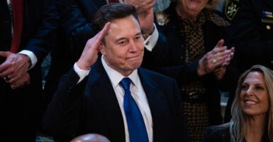 Elon Musk salutes while wearing a suit with a blue tie.