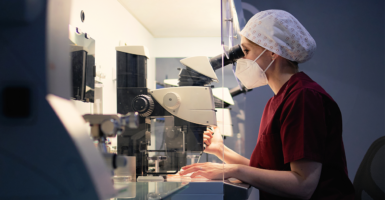 A woman sits at a microscope in a fertility clinic.