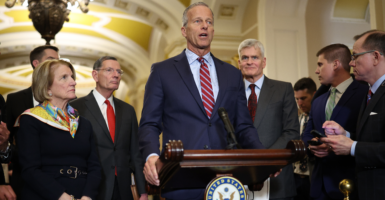 Senate Majority Leader John Thune, R-S.D., is seen here with fellow Senate Republicans at the Capitol.