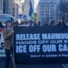 Demonstrators march through the streets of lower Manhattan in protest of the detention of Palestinian activist and former Columbia University student Mahmoud Khalil (not shown) by Immigration and Customs Enforcement in New York on Monday.