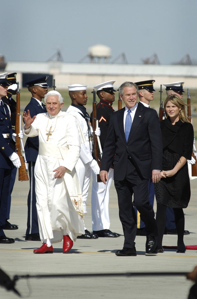 President George W. Bush escorts Pope Benedict XVI at Andrews Air Force Base, Md., April 15, 2008, at the start of his weeklong trip to the United States. 