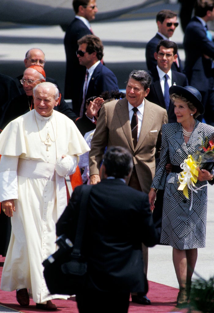 From September 10 - 19, 1987, John Paul II visited Miami, Columbia, SC, New Orleans, San Antonio, Phoenix, Los Angeles, San Francisco, Detroit. Here is seen in Miami with Ronald and Nancy Reagan. (Photo: Arthur Grace/ZUMAPRESS.com/Newscom)